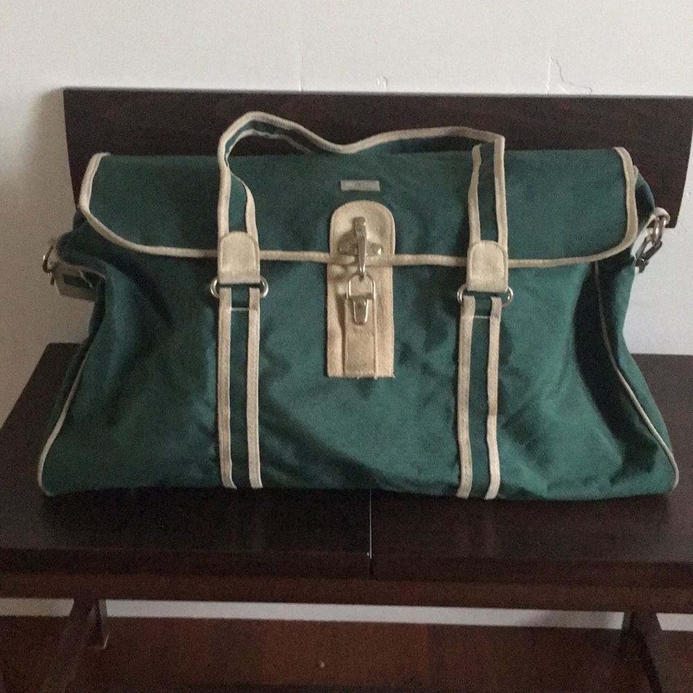 Benetton green canvas duffel bag with leather trim